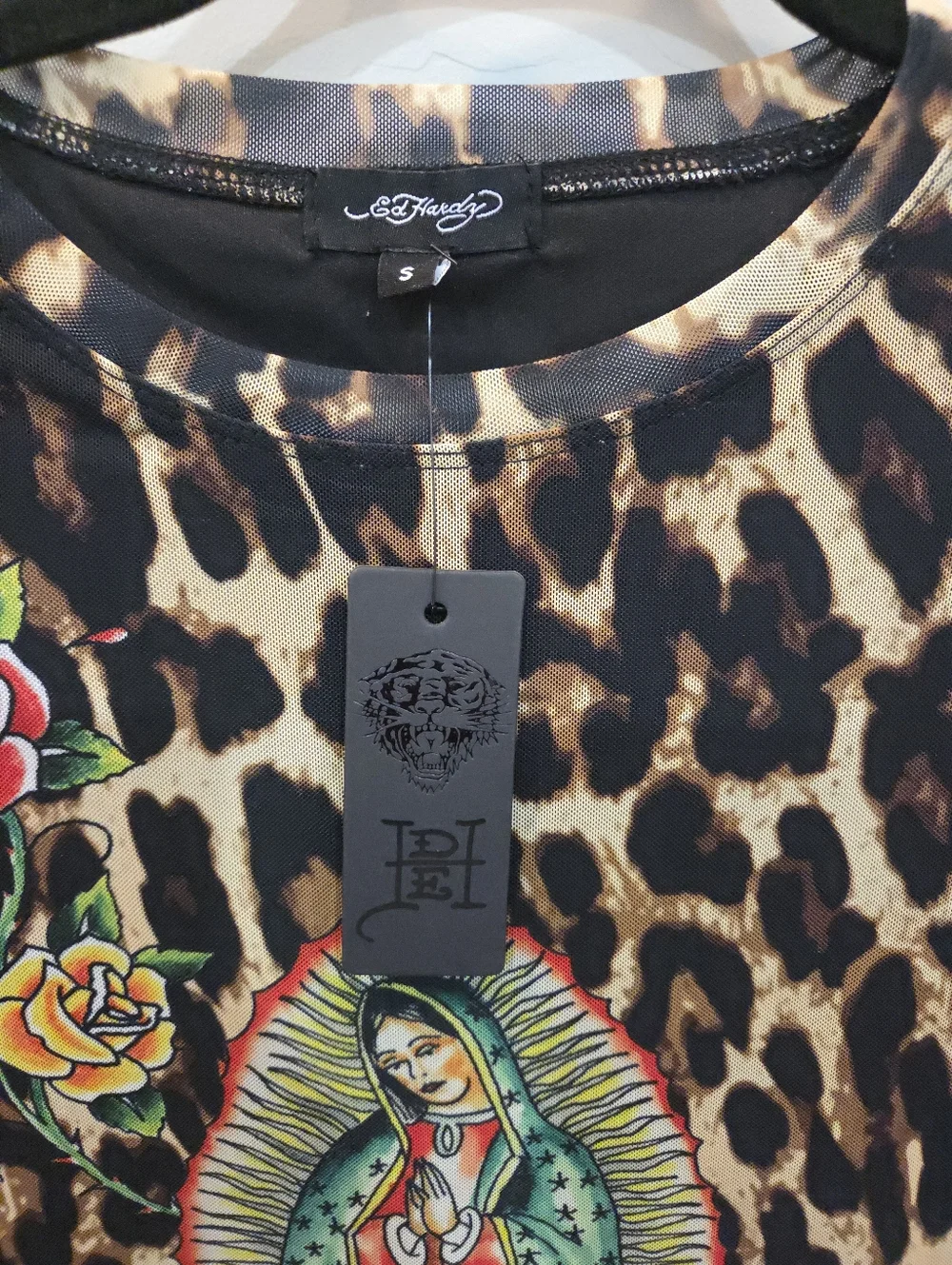 Ed Hardy Dolls Kill Sz Small Leopard Mesh Bodycon Mini Dress Virgin Mary Graphic - Picture 3 of 12